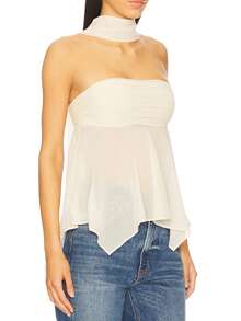 Women's Mesh Strapless Crop Tube Top Babydoll See Through Irregular Sleeveless Going Out Bandeau Shirts With Scarf - 白色 - 查看 2