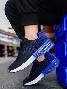 1 Pair Men's Gradient Knit Lace-Up Cushioned Athletic Sneakers, Comfortable Breathable Shock-Absorbing Outdoor Running Shoes, Suitable For Outdoor Sports, Jogging, Fitness And Walking - Blue - View 2