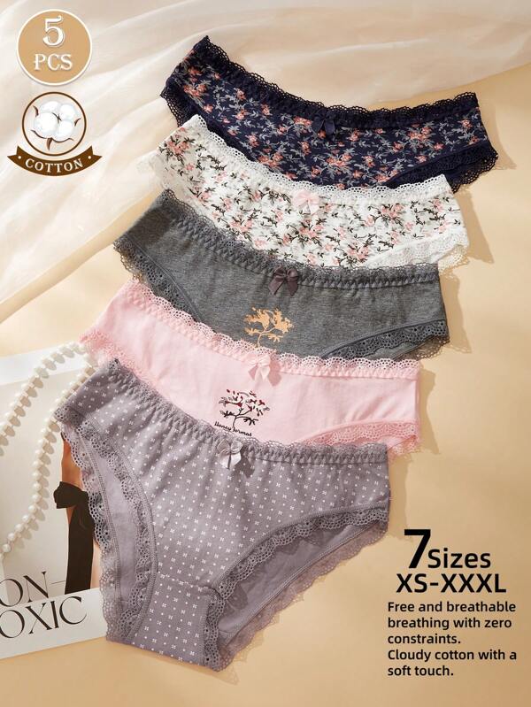 Calcinhas elásticas femininas de 5 peças, calcinhas femininas com estampa aleatória, calcinhas com acabamento em renda, calcinhas florais de cintura baixa, calcinhas femininas com laço, lingerie leve e fina e respirável, lingerie, roupa íntima francesa com estampa floral romântica, roupa íntima feminina plus size, roupa íntima para adultos e estudantes, conjunto de roupa íntima e pijama feminino rosa confortável e macio, roupa íntima feminina, adequada para as estações da primavera e do verão, uso diário em casa, presentes para o Dia das Mães