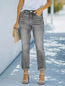 Women Stretchy Straight-Leg Jeans, Casual & Versatile, Suitable For Spring & Summer Wear - Grey - View 3