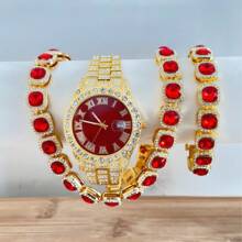 Set de joyería de 3 piezas estilo europeo y americano hip-hop con diamantes completos, reloj, collar y pulsera con rhinestones, correa de metal y calendario, regalo para estudiantes hombres y mujeres