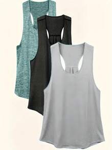 Set de 3 piezas Camiseta sin mangas deportiva para mujer - Secado rápido, mezcla de poliéster transpirable, adecuado para entrenamiento y fitness