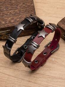 1pc Punk Style Metal Star Leather Wrap Around Bracelet For Men - Black - View 8