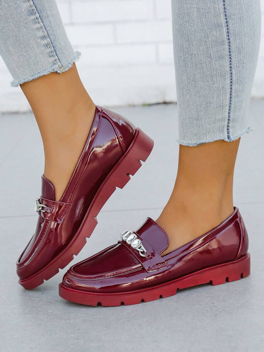 Women's Preppy Style Rhinestone Thick-Sole Slip-On Flats For Outdoor Office Wear - WINE - View 1