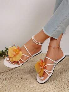 时尚 3D 花朵装饰休闲优雅凉鞋，涤纶花朵装饰甜美女性舒适平底沙滩婚礼派对办公室家居户外服装，夏季 - 橘色 - 查看 4