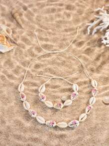 Conjunto de 2 peças de pulseira e colar de argila macia com conchas e flores, estilo boêmio, com estampa de rosa, margarida, estrela, leopardo e arco-íris, joias de praia estilo oceano