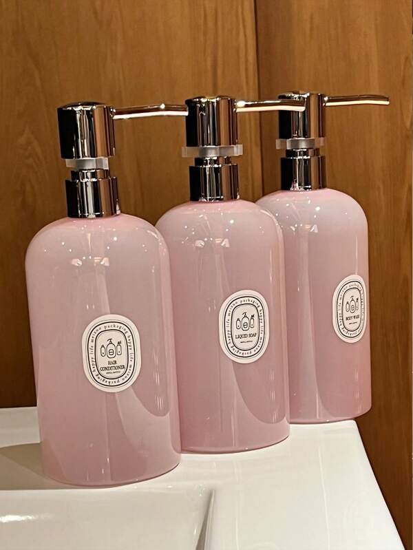 3pcs/Set 500ml Sakura Pink Plastic Refillable Bottles, Unscented Bath & Body Care Set For Shampoo, Body Wash, Conditioner - Reusable Back To School