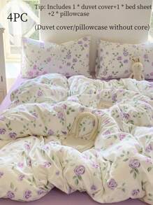 4pcs Romantic Purple Rose Duvet Cover Set (1 Duvet Cover + 1 Bed Sheet + 2 Pillowcases), Green Leaf & Floral Pattern, Cozy Home Decor For All Seasons, Cover & Cases Only