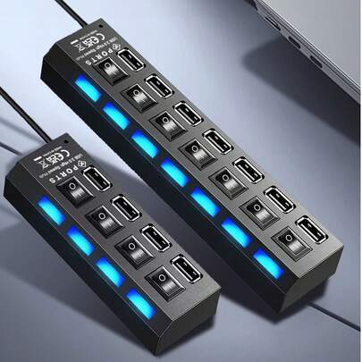 4口/7口USB扩展坞，USB 2.0集线器适配器，多功能7合1集线器，USB开关便携式分线器适配器，适用于电脑、笔记本电脑、手机、U盘、鼠标、读卡器、键盘、游戏设备、MP3播放器、硬盘等。兼容PC、MacBook、Pro、Mini、Surface Pro、手机OTG适配器、打印机、相机、USB风扇或任何其他USB外设。以及更多