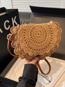 夏季草编时尚简约单肩/斜挎小包，2025新款沙滩包，编织包，毛线包 - 卡其色 - 查看 2