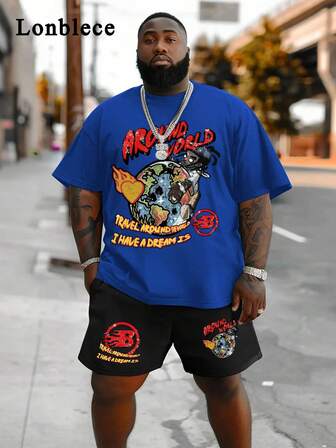 2pcs/Set Men's Plus Size Printed Short Sleeve T-Shirt And Breathable Shorts Set, Suitable For Spring And Summer