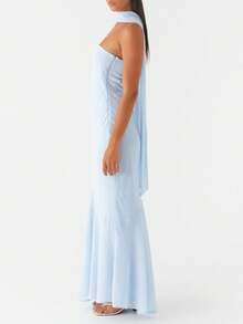 Women Y2k Floral Strapless Maxi Dress Boho Off Shoulder Sleeveless Bodycon Long Dress Summer Backless Tulle Tube Dress With Scarf - 藍色 - 查看 5
