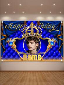 1pc Customizable Name Photo Polyester Crown Birthday Party Backdrop - Personalized Majestic Blue And Gold Design With Beautiful Gold Lettering, Indoor/Outdoor Garden Decorations, Reusable Cake Table Banner Suitable For All Birthdays, Birthday Party Decorations | Gold Engraved Decorations | Elegant Party Accessories, Birthday Party Decorations In 3 Sizes