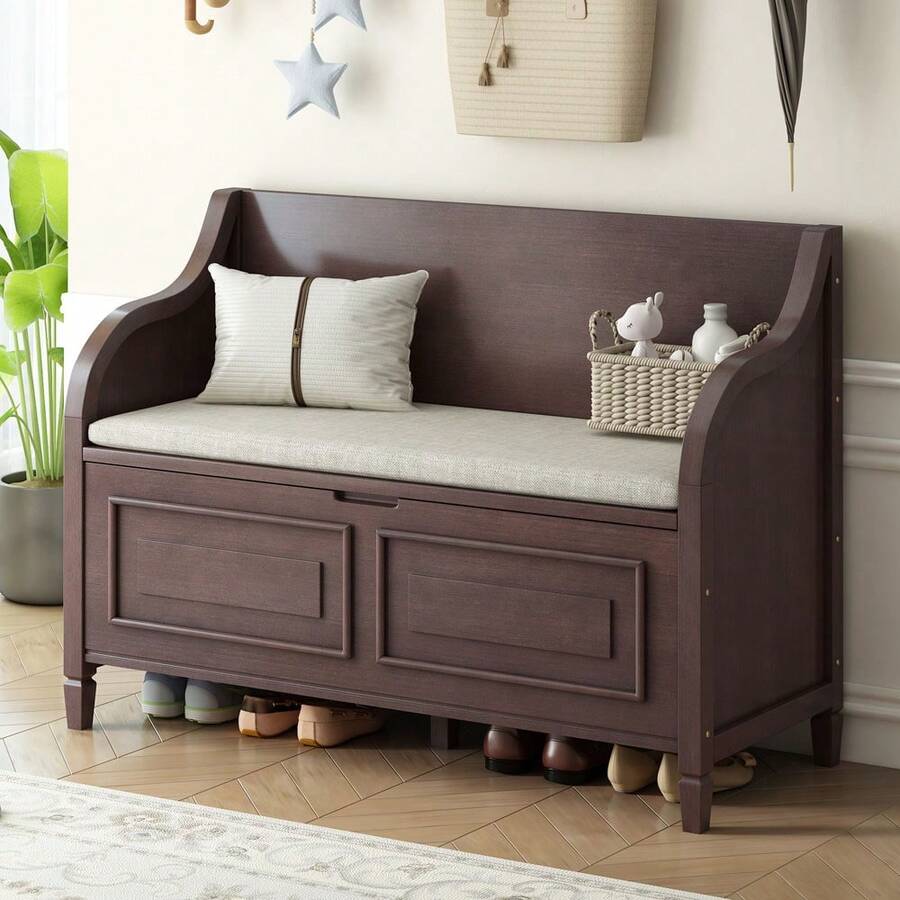 MERAX Storage Bench Wooden Entryway Benches With Shoe Cabinets Under Seat And Safety Hinge Multifunctional Storage Bench For Entryway, Foyer (Espresso + Beige) - Espresso + Beige - 查看 1