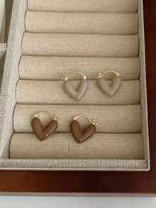 一对简约滴油心形耳环，优雅精致，适合日常穿着 - 咖啡 - 查看 5