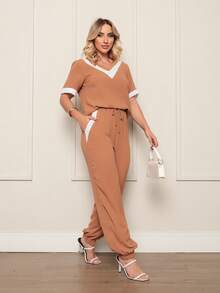 Women's Two-Tone Dune Fabric Suit With Long And Short Sleeves - 棕色 - 查看 6