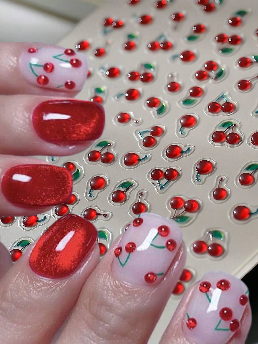 1 miếng dán móng tay hình quả anh đào dập nổi 5D - Hình dán tự dính hình trái cây tươi, màu đỏ, phù hợp cho phụ nữ và bé gái, hoàn hảo cho lễ Phục sinh, hình dán móng tay hoa.