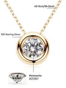 XUJIA 1pc Classic 2ct/3ct Moissanite Pendant Necklace, 8mm/9mm Round, 925 Sterling Silver, 45+5cm, Anniversary Birthday Jewelry Gift