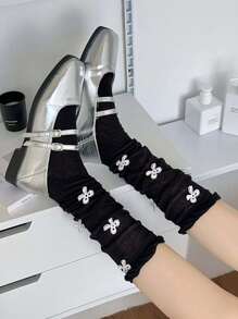 1 par de calcetines/medias altos de punto y encaje con diseño de lazo, cordones cruzados y costillas, ideal para primavera/otoño