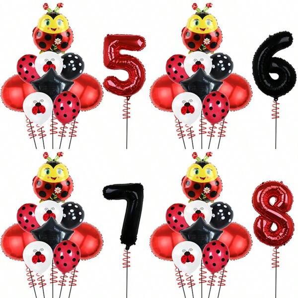 10pcs Ladybug Theme Party Balloons, Black & Red Dotted Ladybug Decoration Balloons, Perfect For Holiday Celebrations, Ladybug Parties, Decorations For 0-9 Years Old, Best Gift To Bring Joyous Atmosphere