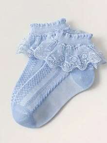 1双/4双纯色100%纯棉儿童蕾丝边芭蕾舞蹈公主时尚百搭派对蕾丝袜 - 彩色 - 查看 8