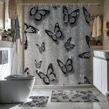 1/4 Stück Grau & Schwarz Schmetterling Design Duschvorhang Set, wasserdichter Duschvorhang, Badezimmermatte, U-förmiger Toilettendeckel, dekorativ, modische Raumteiler, ohne Bohren, maschinenwaschbar Polyester Badezimmer Dekoration Herbst Dekoration Badezimmer Accessoires Schulanfang