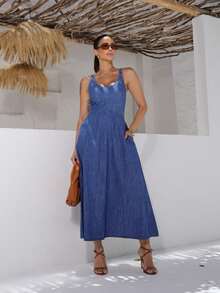 Elegant Women's Long Denim Dress With Pockets And Elastic - Rửa trung bình - Xem 1
