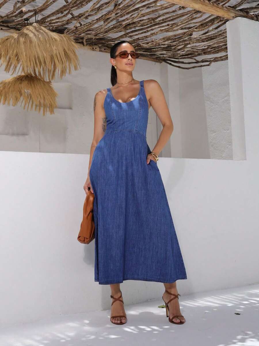 Elegant Women's Long Denim Dress With Pockets And Elastic - Rửa trung bình - Xem 1