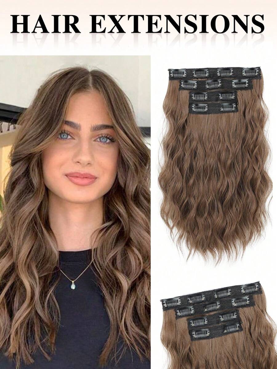 nimoki 4Pcs Clip In Hair Extensions 12Inch  Water Ripple  Hair Extensions Curly Hair Extension Clips Synthetic Hair Extensions For Women Daily Use(Light Brown) - Light Brown - View 1