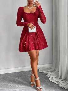 AIJ Amarilo 女士性感时尚方领亮片露背伞形长袖摆裙，适合约会、派对