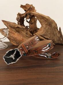 黑色通用腰带，西部牛仔风格，搭扣闭合，休闲波西米亚风，PU皮革，牛皮配饰，个性化，百搭，帅气，铆钉装饰，耐用，适合情人节、情侣装、户外活动、返校季、礼物、万圣节、圣诞节，男女皆宜，适合日常搭配牛仔裤。 - 鏽棕色 - 查看 7