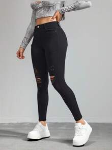 Jeans ajustados de cintura alta en negro con desgarros, tela suave y elástica, ideal para estilos casuales y versátiles - Negro - Ver 3