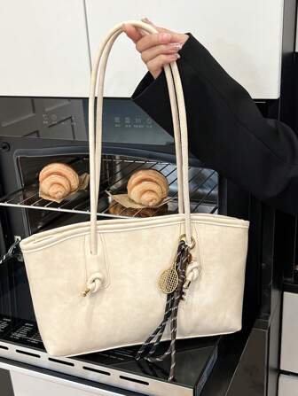 1pc Quilted Zipper Closure PU Solid Color Bowling Bag, Large Capacity Tote Bag, New Fashion Chic Shoulder Bag With Vintage Style, Cord Knot Pendant Decoration, Suitable For Women Daily Use