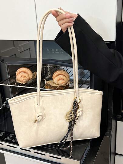 1 件绗缝拉链封口 PU 纯色保龄球包，大容量手提包，新款时尚别致单肩包，复古风格，绳结吊坠装饰，适合女性日常使用