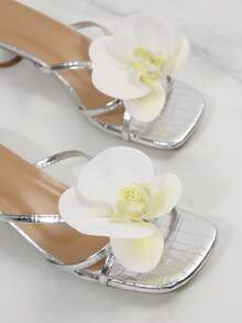 Butterfly Square Toe Sandals, Minimalistic Design High Heel Slides, Elegant Goddess Style, Chunky Heel, Spring/Summer 2025 - Silver - View 6