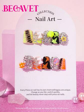 BEGAVET 春夏新品 10 件鸭子指甲朋克风格美甲手工沙龙品质美甲按压式指甲独家设计 3D 指甲带 3D 饰物，适合新年派对/音乐节和日常穿着