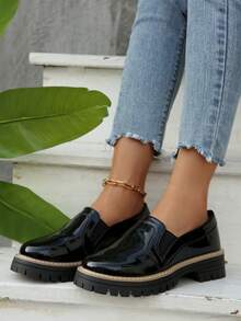 Women's Thick Sole Platform Loafers, Comfortable Shoes, Black Color, Thick Sole Shoes, Platform Heels, Slip-On Shoes - Black - View 4