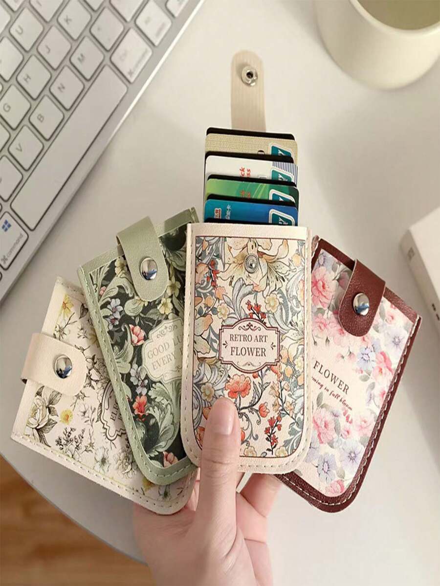 Vintage Painting Style Pull-Out Card Holder, Minimalist Single-Layer Women Small Compact Slim Cartoon Design Card Case