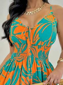 Elegant Printed Spliced Backless Folded Spaghetti Strap Halter Dresses - 橘色 - 查看 2