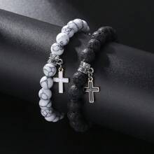 1 Set 2pcs Street Style Design White Turquoise & Lava Stone Beaded Astronaut & Hollow Cross Drop Oil Contrast Color Bracelet Kit For Couples And Festival Gift