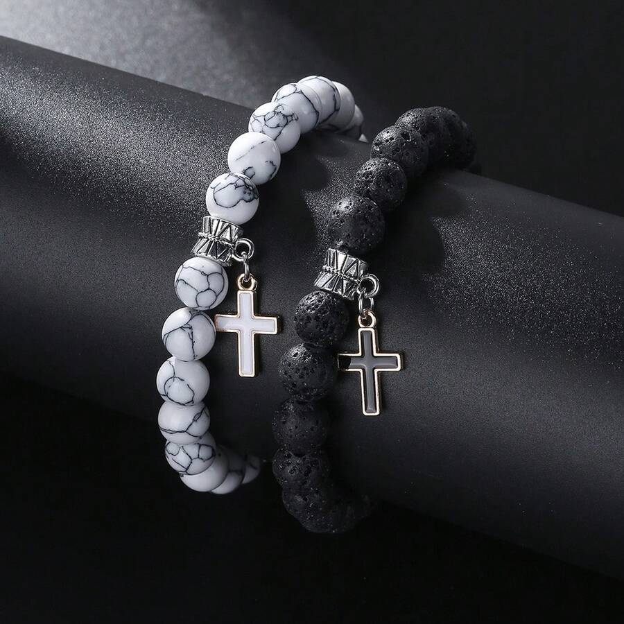 1 Set 2pcs Street Style Design White Turquoise & Lava Stone Beaded Astronaut & Hollow Cross Drop Oil Contrast Color Bracelet Kit For Couples And Festival Gift - ZJ12032 - View 1