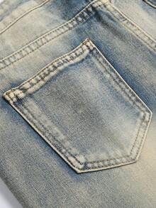 Teen Boy Button Waist Belt Loop Street Vintage Distressed Slim Straight Leg Blue Jeans - Medium Wash - View 4