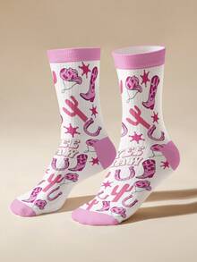 1 Pair Pink Cowboy Boots Pattern Socks - Cute Pink Cowboy Boots And Desert Pattern Design, Full Of Western Style. 360 Digital Printing Mid-Calf Socks With Random Printing, Fashionable, Scandinavian Style, Casual & Comfortable, Everyday Casual Wear, Romantic, Simplicity, Cute, Elegant, Mature Charm, Commuter Casual Everyday Wear, Funny Fabric Closure Underwear & Sleepwear & Socks, All Season Exclusive Design, Fall - Multicolor - View 5