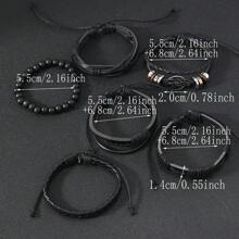 6pcs Retro PU Tree Of Life Beaded Woven Bracelets Set, Suitable For Men's Daily Wear