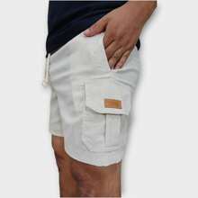 Bermuda Cargo De Linho Premium Shorts Mauricinho Masculino Casual Basico Confortavel Detalhe Etiqueta De Couro