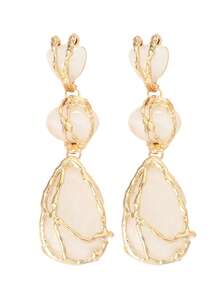 全新波西米亚风树脂宝石长款吊坠耳环 女士轻奢合金网状耳环 几何吊坠耳环 - 白色 - 查看 3