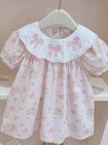 Vestido elegante para meninas com gola redonda bordada e laço, estampa de coelho e floral, estilo moderno, adequado para atividades ao ar livre, festivais, festas, primavera/verão