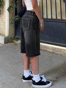 Short en jean à taille mi-haute, déchiré, ourlet brut, large jambe, bermuda, longueur genou "jorts" avec poches, style Y2K de la rue