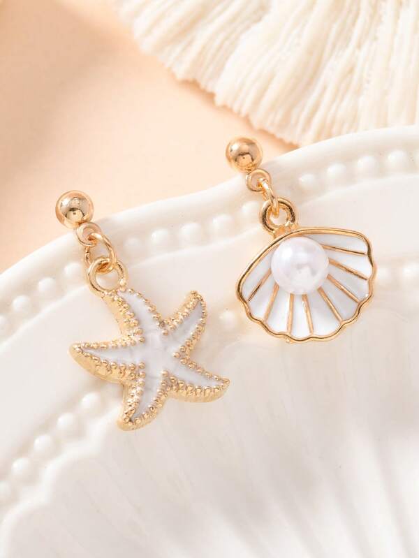 1 Pair Of Hot Selling Super Cute Mini New Summer Beach Ocean Style Versatile Colorful Pink Blue White Gold Plated Small Starfish Pearl Shell Charms Stud Earrings For Women Daily Wear, Personalized Sweet Western Oil Droplet Enamel Spherical Needle Starfish Earrings Jewelry Accessories Women