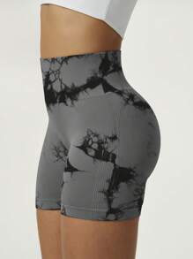1 pieza Shorts deportivos de yoga con efecto tie-dye y bloques de color para mujer, con estiramiento, pantalón sin costuras para ciclismo al aire libre